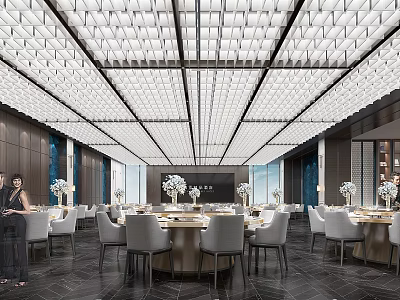 Modern Banquet Hall Interior Design With Geometric Grid Ceiling Round Dining Tables And Grey Chairs 3d model