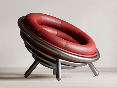 Modern Red Leather Lounge Chair With Circular Layered Rings And Metal Frame Design 3d model