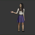 Woman With Long Hair In White Top And Purple Skirt Extending Hand On Gray Background