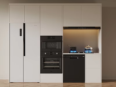 Modern Kitchen Interior Featuring White Cabinets Black Appliances Stove And Kettle 3d model