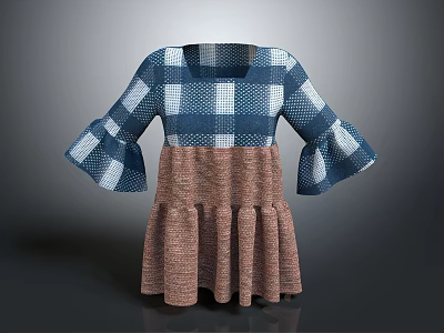 Color Block Blue White Plaid Bell Sleeve Dress With Brown Pleated Skirt 3d model