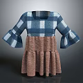 Color Block Blue White Plaid Bell Sleeve Dress With Brown Pleated Skirt