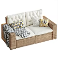Rattan Outdoor Sofa with White Cushions Geometric Pillows and Throw Blanket