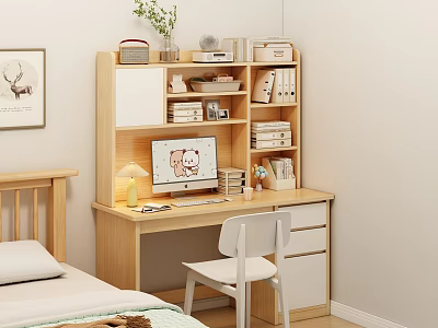 Wooden Desk with Computer Monitor Table Lamp White Chair Bookshelf and Potted Plant in Bedroom 3d model