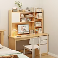 Wooden Desk with Computer Monitor Table Lamp White Chair Bookshelf and Potted Plant in Bedroom