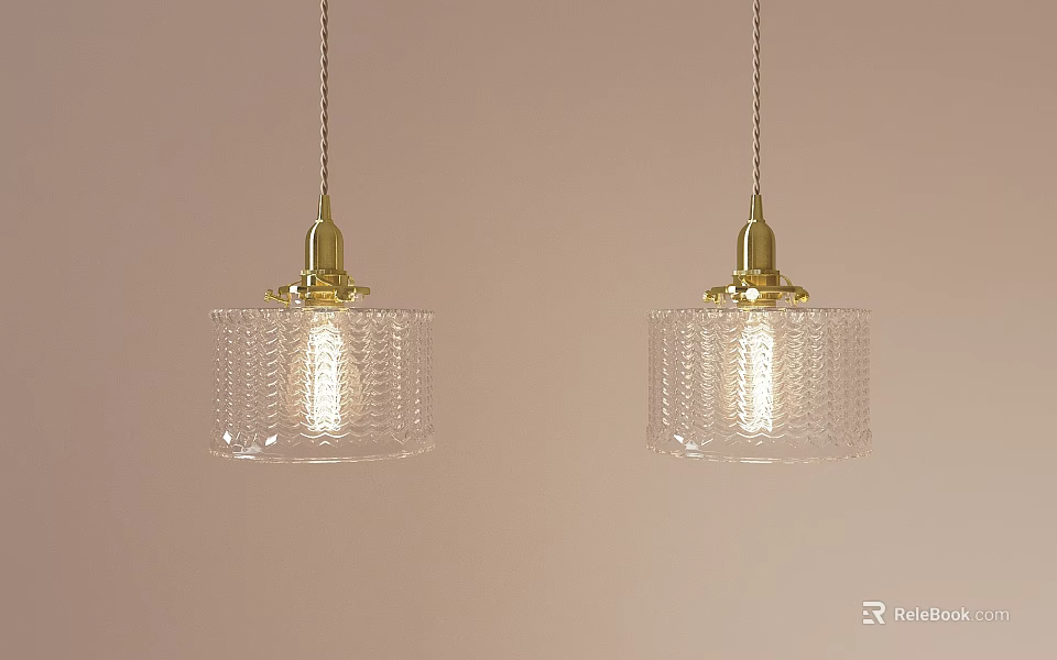 Two Golden Pendant Lights With Textured Transparent Glass Shades Illuminated On Light Pink Wall 3d model 