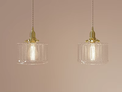 Two Golden Pendant Lights With Textured Transparent Glass Shades Illuminated On Light Pink Wall 3d model