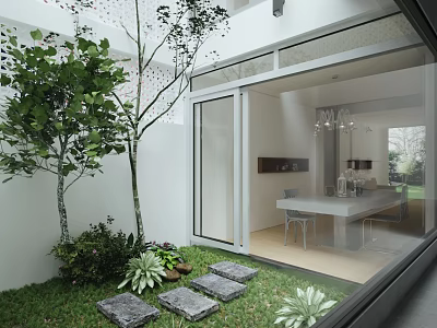 Lush Garden With Tree Grass Stepping Stones And Glass Sliding Doors Linking Interior Dining Space 3d model