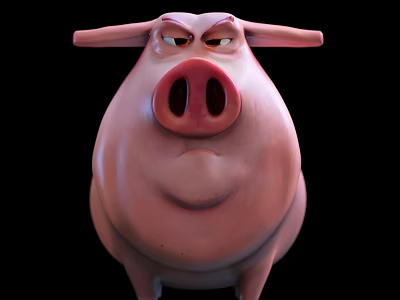 Pink Pig with Serious Expression in 3D Render on Black Background 3d model