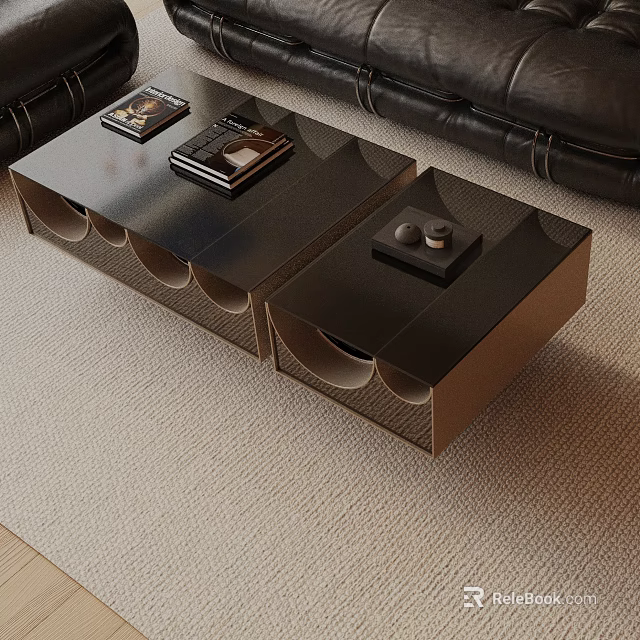 Modern Leather Sofa And Black Coffee Table Set With Unique Geometric Design And Storage Details 3d model 