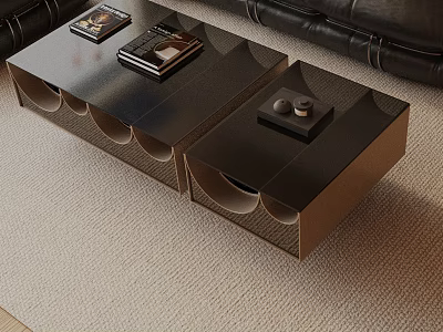 Modern Leather Sofa And Black Coffee Table Set With Unique Geometric Design And Storage Details 3d model