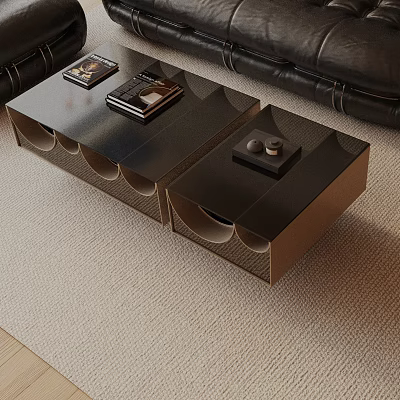 Modern Leather Sofa And Black Coffee Table Set With Unique Geometric Design And Storage Details 3d model
