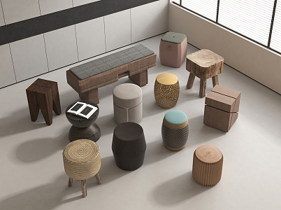 Solid Wood Stool Round Stool Tree Stump Stool Solid Wood Stool Tea Stool Wooden Stool Old Wood Silent Wind Bench 3d model