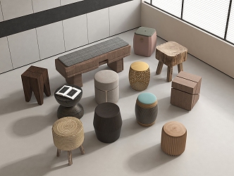 Solid Wood Stool Round Stool Tree Stump Stool Solid Wood Stool Tea Stool Wooden Stool Old Wood Silent Wind Bench 3d model