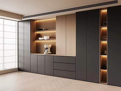 Modern Minimalist Full Wall Wine Cabinet With Built In LED Lights And Large Storage Space 3d model