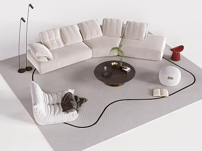 Modern Minimalist L shaped Sofa and Round Coffee Table with Accent Chair Floor Lamp and Rug 3d model