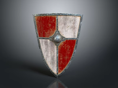 Medieval Shield as Defensive Weapon With Red and White Sections Metal Boss and Worn Surface 3d model