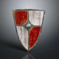 Medieval Shield as Defensive Weapon With Red and White Sections Metal Boss and Worn Surface
