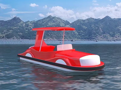 Red Yacht Floating on Calm Water with Mountain View and Blue Sky 3d model