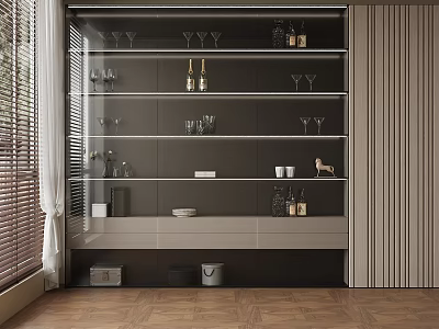 Stylish Modern Wine Cabinet With Glass Shelves Wine Bottles And Decorative Items 3d model