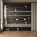 Stylish Modern Wine Cabinet With Glass Shelves Wine Bottles And Decorative Items