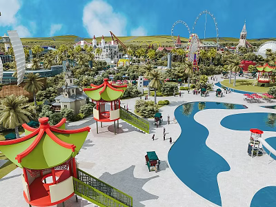 Exciting Amusement Park With Roller Coaster Colorful Pavilions Water Slides Green Trees And Happy Families 3d model