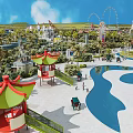 Exciting Amusement Park With Roller Coaster Colorful Pavilions Water Slides Green Trees And Happy Families