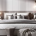 Modern Bedroom Interior Design With Wooden Headboard Hanging Lamps Accent Chair And Geometric Rug