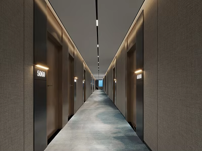 Modern Hotel Corridor With Textured Gray Walls Room Doors Number Signs And Carpeted Floor 3d model