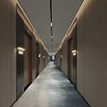 Modern Hotel Corridor With Textured Gray Walls Room Doors Number Signs And Carpeted Floor