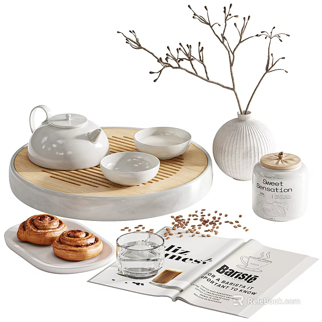 Elegant White Ceramic Tea Set With Teapot Bowls On Bamboo Tray And Cinnamon Rolls 3d model 