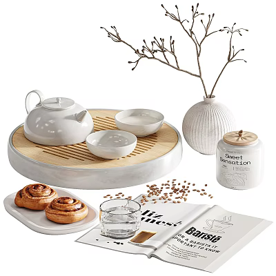 Elegant White Ceramic Tea Set With Teapot Bowls On Bamboo Tray And Cinnamon Rolls 3d model