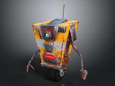 Yellow Rustic Robot With Wheels Mechanical Arms Antenna And Warning Sign 3d model