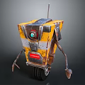 Yellow Rustic Robot With Wheels Mechanical Arms Antenna And Warning Sign 3d model
