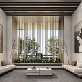 Modern Front Desk Reception Interior Design With Wooden Counter Sofa And Wall Art
