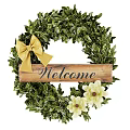 Decorative Door Hanging Wreath With Yellow Bow Welcome Sign Green Leaves And Flowers