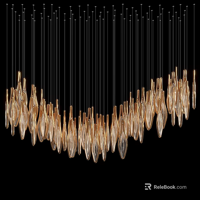 Golden Transparent Crystal Like Chandelier with Arched Arrangement and Black Hanging Wires 3d model 