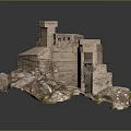 Ancient Stone Building Model on Rocky Terrain with Steps and Mossy Details