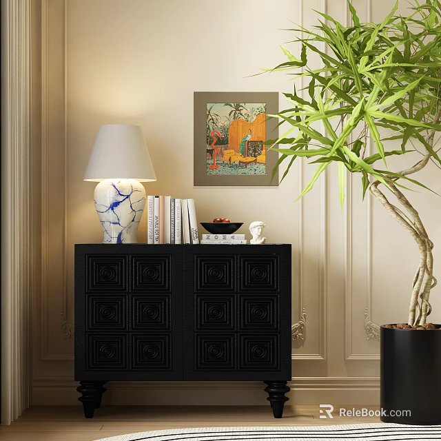 Black Console Table With Table Lamp Books Decor And Wall Painting Near Potted Plant 3d model 