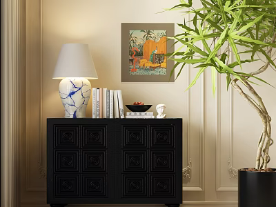 Black Console Table With Table Lamp Books Decor And Wall Painting Near Potted Plant 3d model