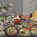 Assorted Delicious Food Dishes On Dining Table With Roast Turkey Seafood Salads Vegetables And Drinks