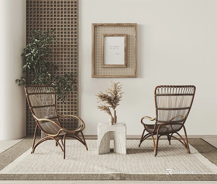 Natural Interior With Wicker Chairs Small Table Woven Screen Plant And Framed Artwork On Rug 3d model 