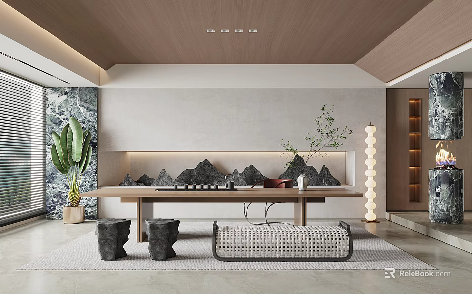 Modern Tea Room Interior With Long Table Stone Stools Mountain Shaped Decor Wall And Greenery 3d model 