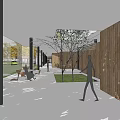 Modern Sales Office Building With Wooden Walls Columns And Outdoor Seating Areas