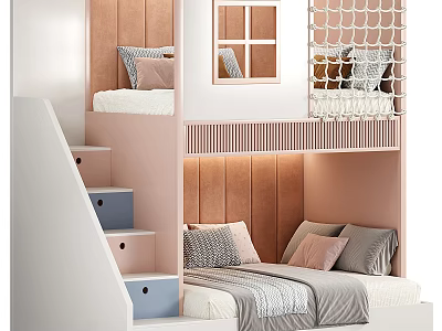 Cozy Kids Bunk Bed Design With Storage Drawers Pink White Pillows And Netting 3d model