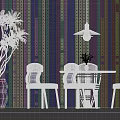 Modern Wooden Dining Table Set With Floral Pattern Chairs Green Wall And Pendant Light