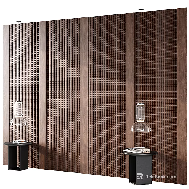 Modern Bedroom Accent Wall With Perforated Wood Panels And Table Lamps On Side Tables 3d model 