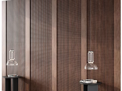 Modern Bedroom Accent Wall With Perforated Wood Panels And Table Lamps On Side Tables 3d model