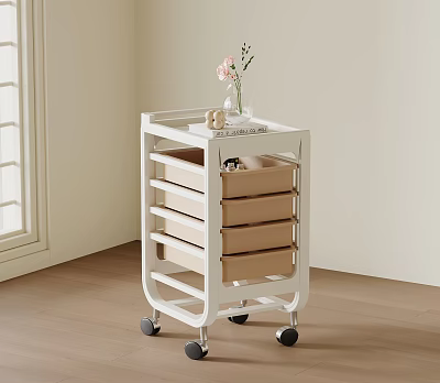 White Rolling Storage Cart with Drawers Wheels and Vase with Pink Flowers in Minimalist Room 3d model