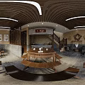 Traditional Chinese Restaurant With Wooden Tables Benches Brick Walls Carved Partitions Staircase And Wooden Ceiling